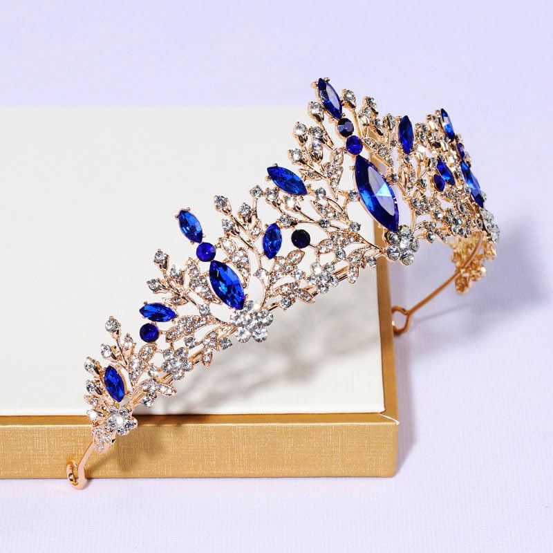 S SNUOY Royal Queen Crowns Crystal Tiaras and Crowns for Women Flower Crown for Birthday Party Headband - Blue&Gold