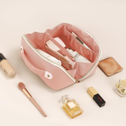 Prite Makeup Bag for Women Travel Waterproof Vegan Leather Cosmetic Bag Open Flat Toiletry Bag With Clear Divider and Handle (Pink)