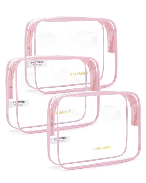 BAGSMART Clear Toiletry Bag, 3 Packs TSA Approved Water-resistant Quart Size Travel Organizer, Airport Airline Travel Essential Carry-On Makeup Cosmetic Bags for Women, Pink