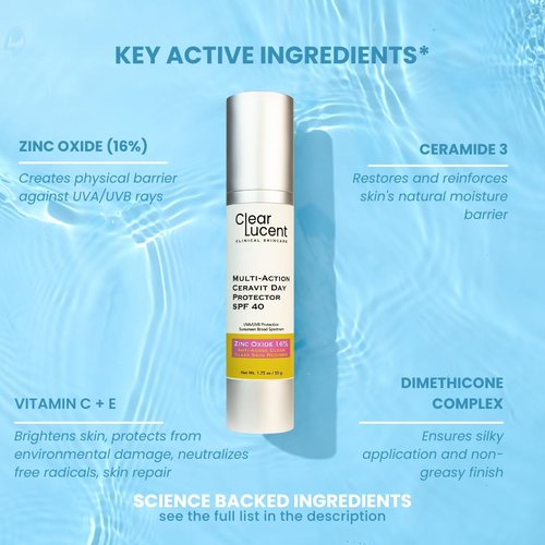CeraVit Multi-Action Day Protector Sunscreen SPF 40 - Zinc Oxide Mineral Formula | Barrier-Repair with Ceramides, Vitamin C & E | Reef-Safe, Lightweight, Non-Greasy | 1.75 oz