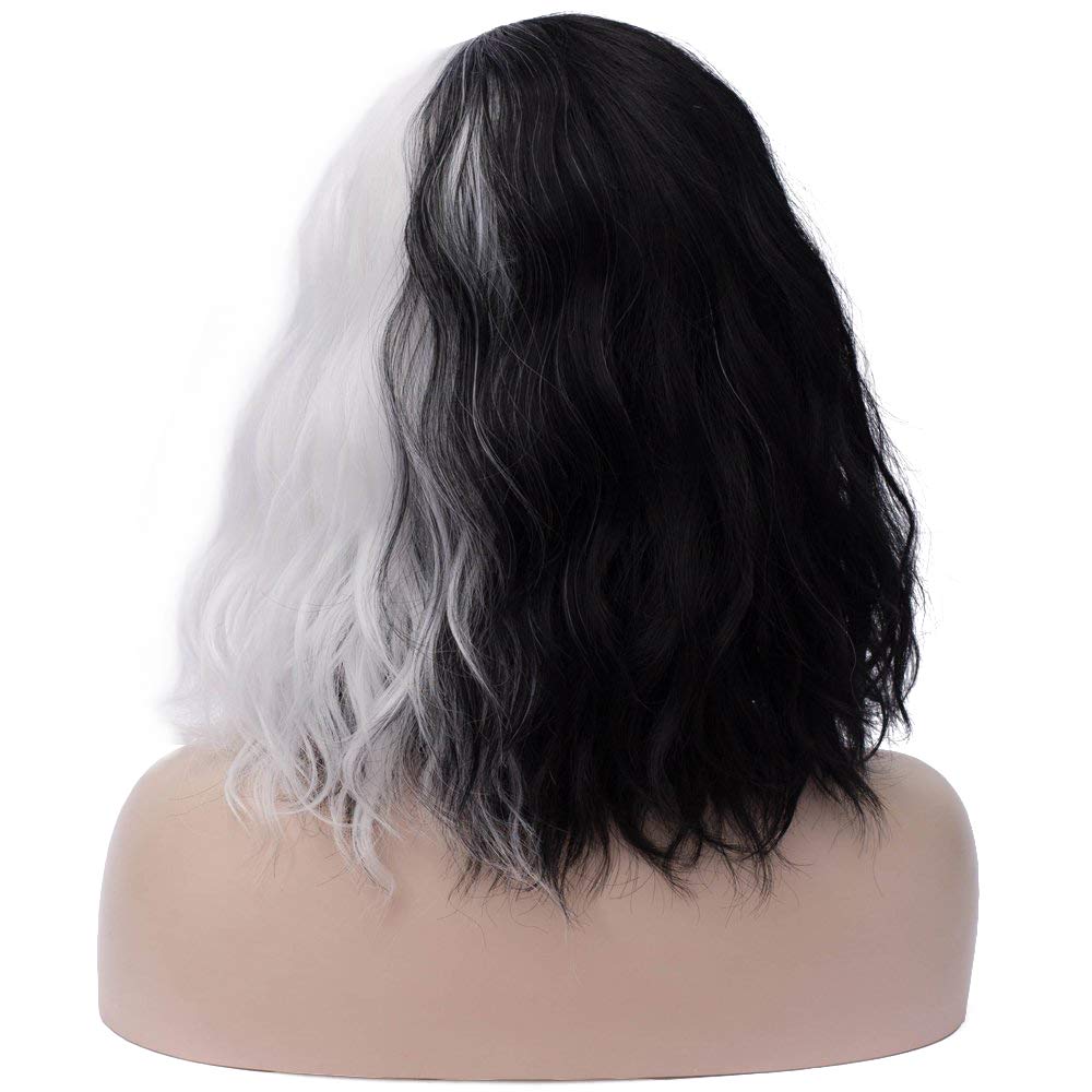 MAGQOO Black White Wig Side Part Short Curly Wavy Hair Wigs Synthetic Heat Resistant Cosplay Costume Party Wigs (Black White, Women Girls)