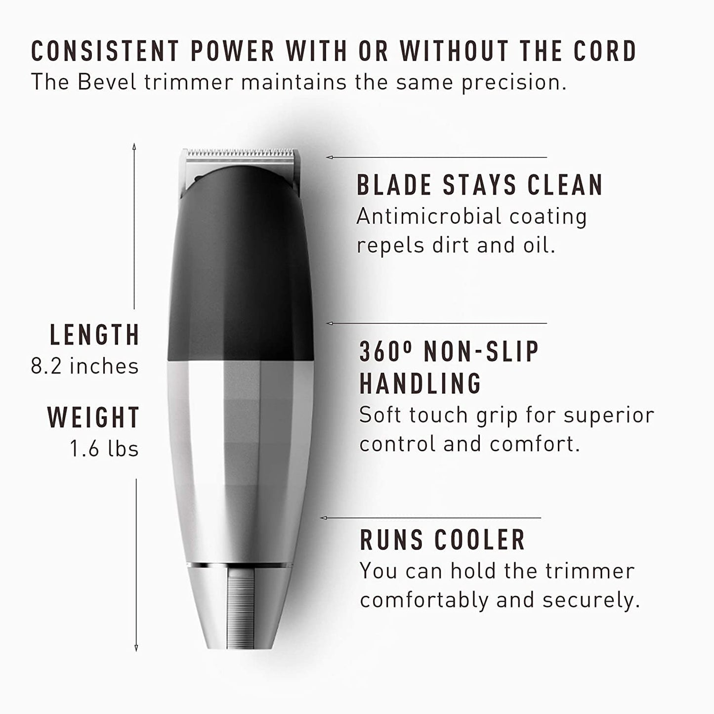 Bevel Beard Trimmer for Men - Cordless, Adjustable Zero Gapped Blade | 6-Hour Rechargeable Battery, Silver