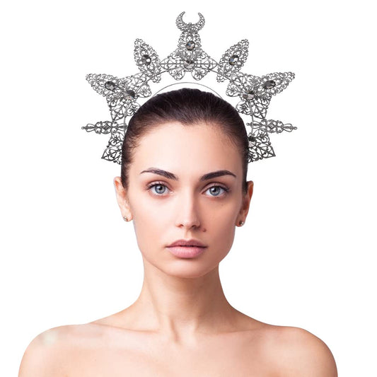 Bubbmi Women Moon Goddess Halo Crown Sunburst Rhinestone Headband Costume Party Cosplay Wedding Photoshoot Headpiece