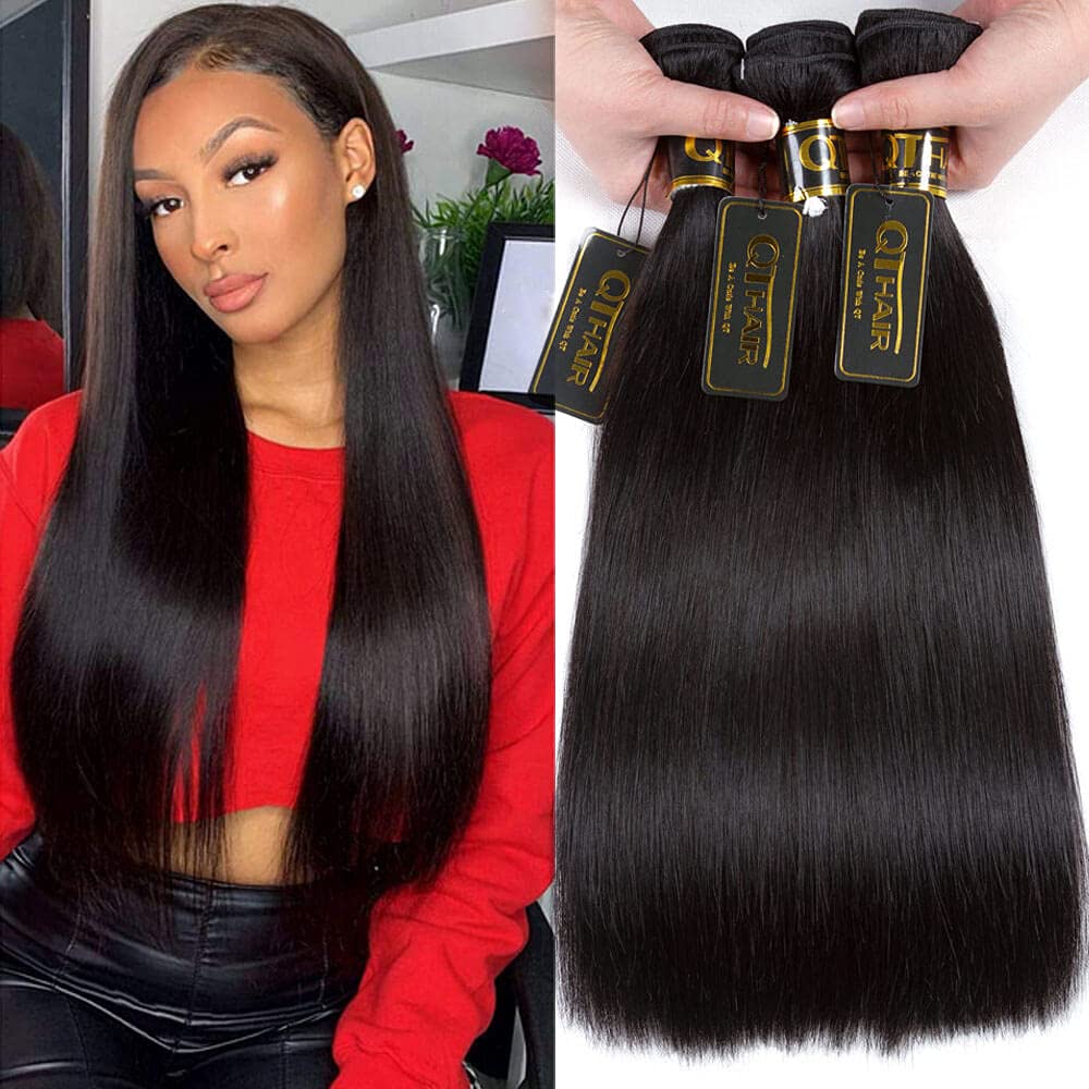 QTHAIR 14A Straight Human Hair Bundles(16 18 20,300g,Natural Black) 100% Unprocessed Human Hair Extensions Indian Straight Virgin Human Hair Bundles