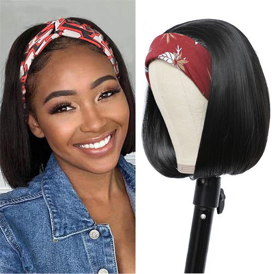 Miss Lee Straight Bob Headband Wig Human Hair None Lace Wigs for Black Women Glueless Short 100% Brazilian Virgin Head Band Easy to Install Half with Free