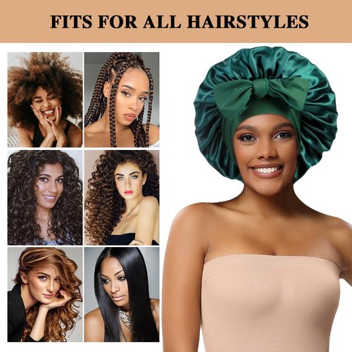 2+3 Large Satin Bonnets with Scrunchies for Women, Hair Bonnet Sleeping Tie Bonnet for Braids Curly Hair, D