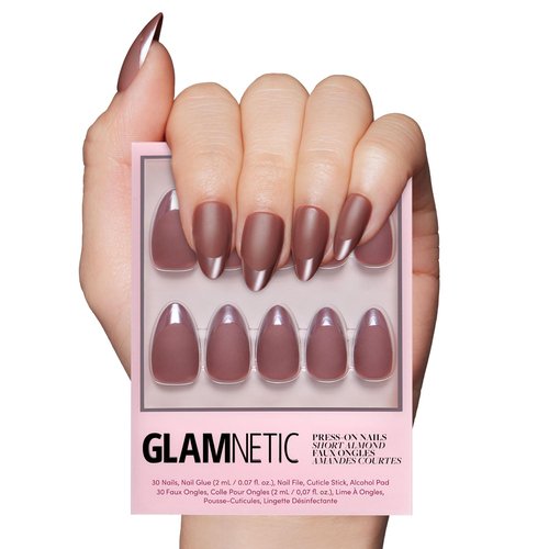 Glamnetic Press On Nails - Terra | Short Almond Dark Brown Fake Nails with Glossy French Tips in a Matte Finish, Salon Quality, 15 Sizes - 30 Nail Kit with Glue