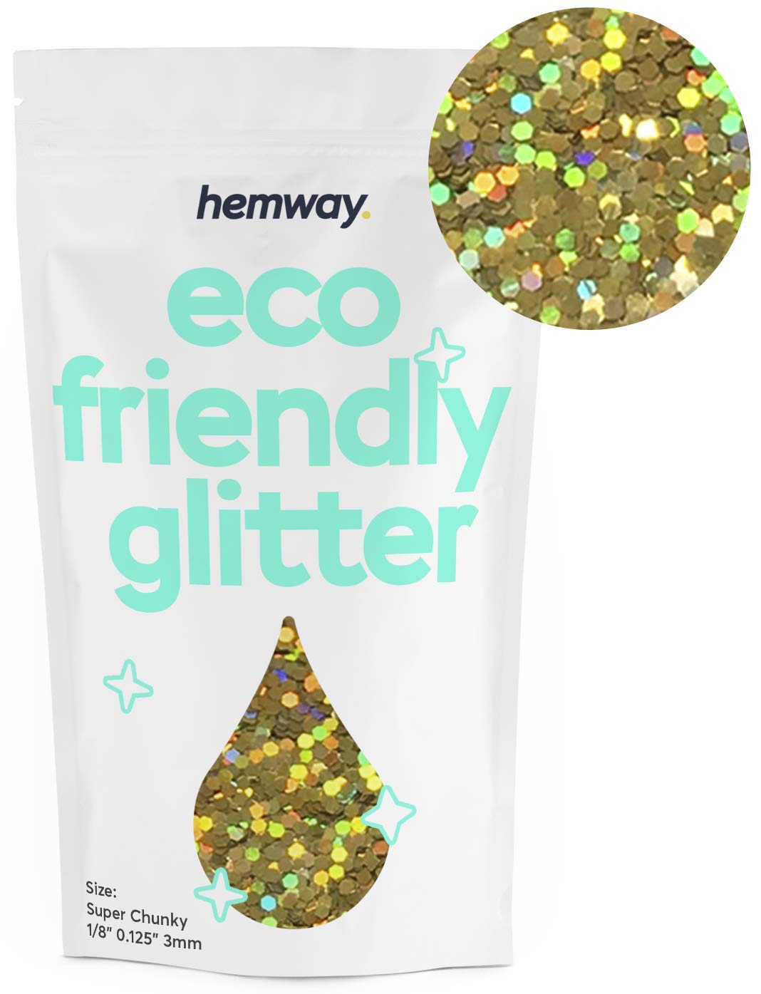 Hemway Eco Friendly Biodegradable Glitter 100g / 3.5oz Bio Cosmetic Safe Sparkle Vegan for Face, Eyeshadow, Body, Hair, Nail and Festival Makeup - Super Chunky (1/8" 0.125" 3mm) - Gold Holographic