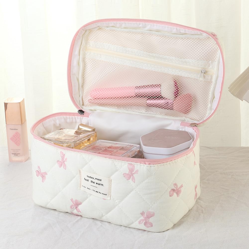 uekeboag Large Travel Quilted Makeup Bag for Women, Floral Cotton Cosmetic Bag, Coquette Aesthetic Floral Toiletry Organizer Bag(11Checker Pink Bow