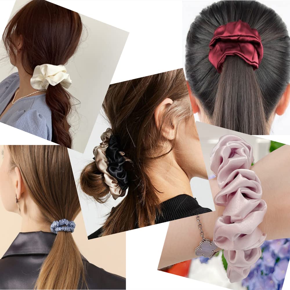 Pure Mulberry Silk Scrunchies Hair Accessories Hair Ties Elastic Satin Hair Band for Breakage Prevention (Large Silk Navy Blue+Small Silk Black)