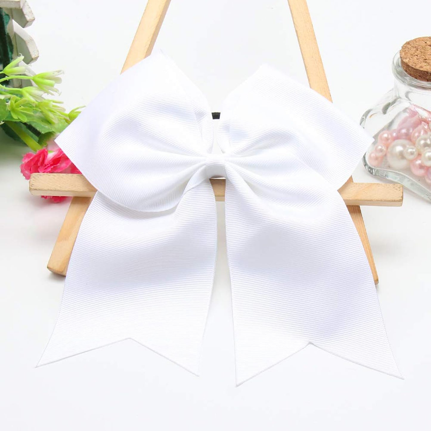 chiduerm 40Pcs 8" Large Cheer Hair Bows Grosgrain Ribbon Elastic Bands Handmade Ponytail Holder for Cheerleading Girls School College Sports (white)