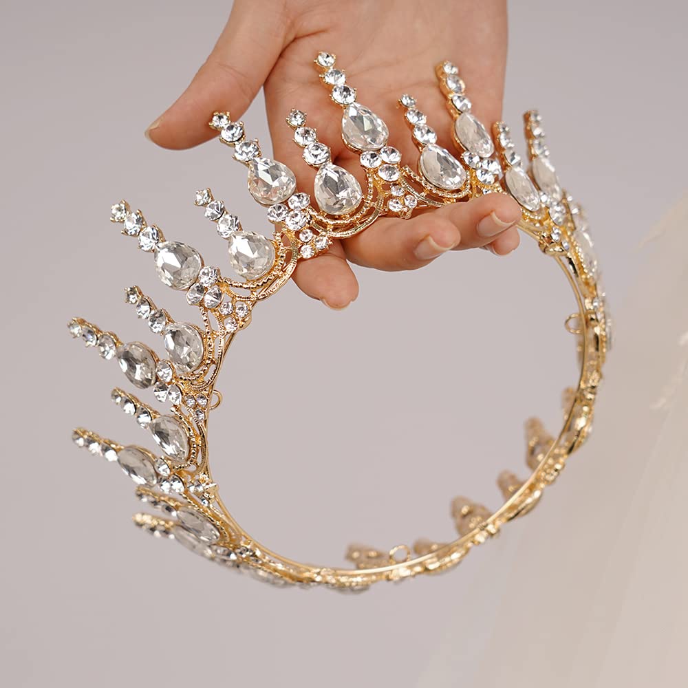 JWICOS Gold Tiaras and Crowns for Women Round Crystal Queen Crowns for Women Princess Tiara with Rhinestone for Girls Wedding Crown for Prom Bridal Party Christmas Gifts (Gold)