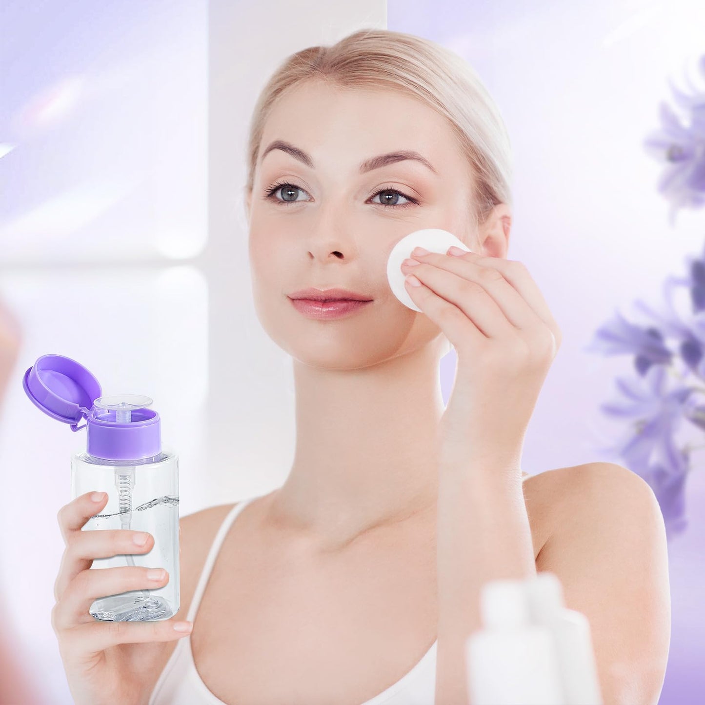 Push Down Pump Dispenser Bottles: Refillable Liquid Containers for Alcohol, Nail Polish Makeup Remover, Salon, Hospital, Travel Use, Purple+Clear