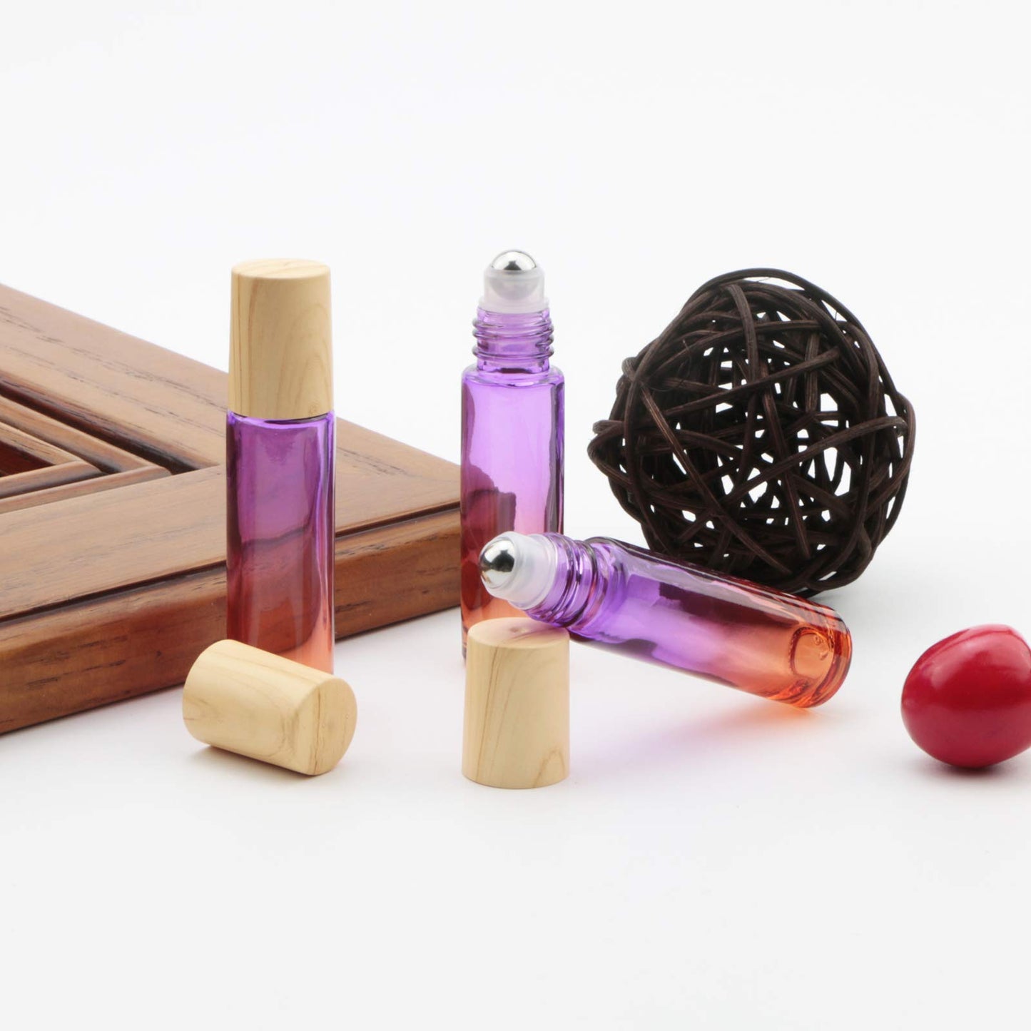 Newzoll 8 Pcs Glass Roller Bottles, 10 ml (1/3 oz) Purple Orange Gradient Roll-on Vials for Essential Oils, Perfume, Lip Balms