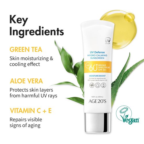 AGE20'S UV Defense Hydro Calming Sunscreen SPF 60+ - Lightweight, Moisturizing Formula with Green Tea & Aloe Vera | 1.69 fl. oz*2