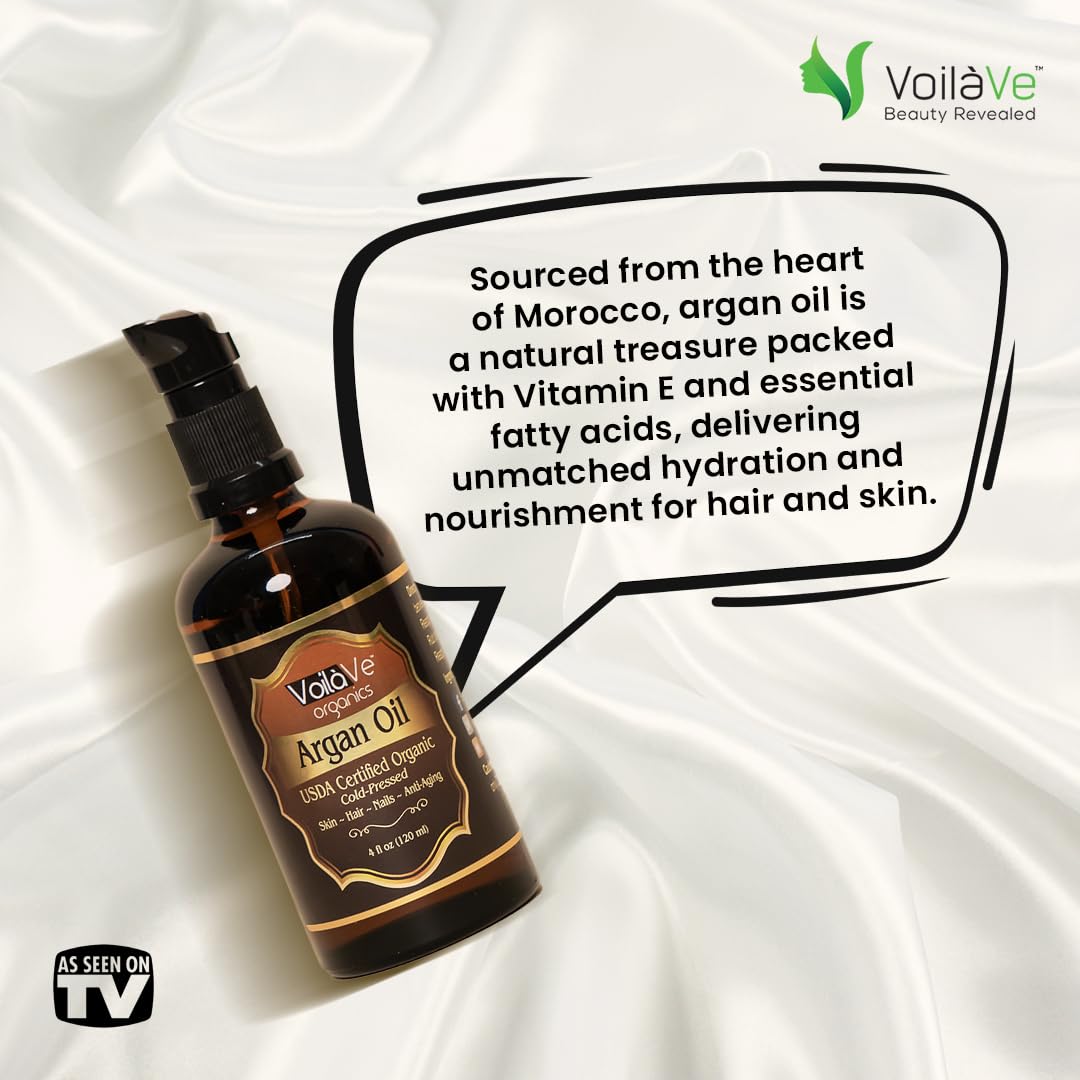 VoilaVe Organic Moroccan Argan Oil - Anti-Aging Face Moisturizer & Hair Growth | 4 fl oz, Cold Pressed, Rich in Vitamin E