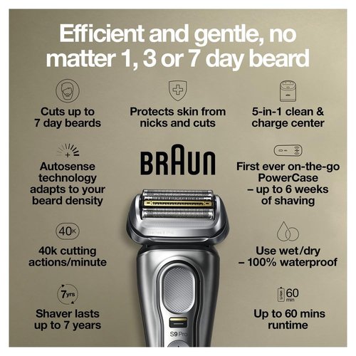 Braun Electric Razor - Series 9 Pro 9477cc Waterproof Foil Shaver | Wet & Dry Shaving, Silver
