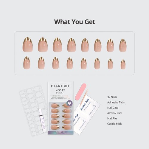 BTArtbox Press On Nails Short - Gilded Countdown, Lamp-Curable Gold French Tip Almond Press On Nails with Glue and Adhesive Tabs for Women in 16 Sizes - 32 Soft Gel Glue On Nails Kit