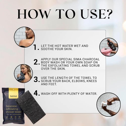 Sima Brand Exfoliating Washcloth Face & Body Scrub Towel - Japanese Exfoliating Towel with Hexagon Fibers, Body Scrubber with 2 Sides for Scrubbing & Washing, Extra Long Body Towels (Black)