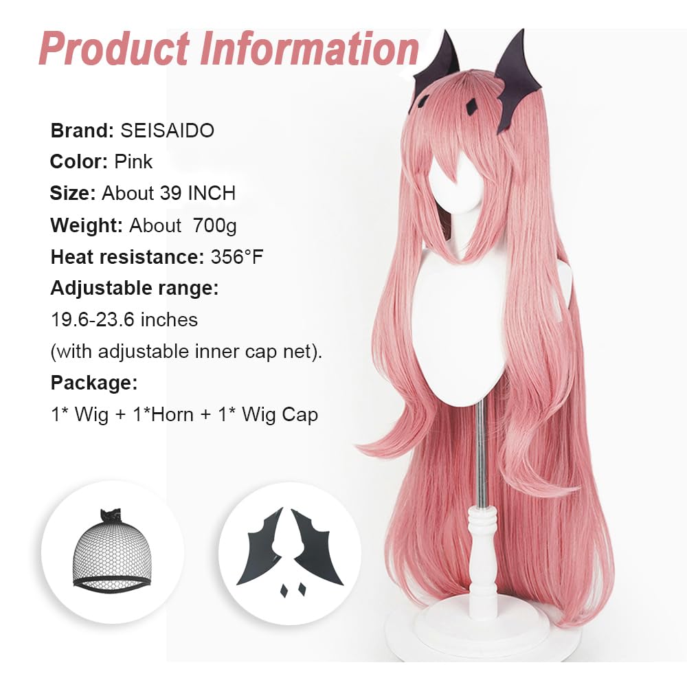 SEISAIDO Long Pink Wig + Headwear Anime Cospaly Wig with Two Ponytails for Halloween Christmas Party