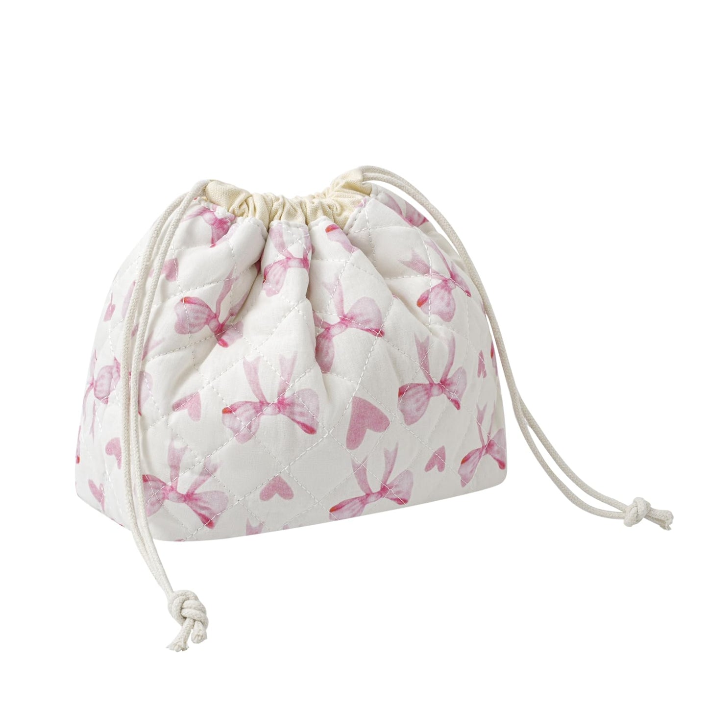 Cotton Quilted Drawstring Makeup Bag with Canvas Lining,Coquette Aesthetic Cute Travel Toiletry Bag,Drawstring Gift Bag for Women and Girls（14Heart Bow）