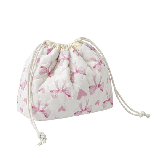 Cotton Quilted Drawstring Makeup Bag with Canvas Lining,Coquette Aesthetic Cute Travel Toiletry Bag,Drawstring Gift Bag for Women and Girls（14Heart Bow）