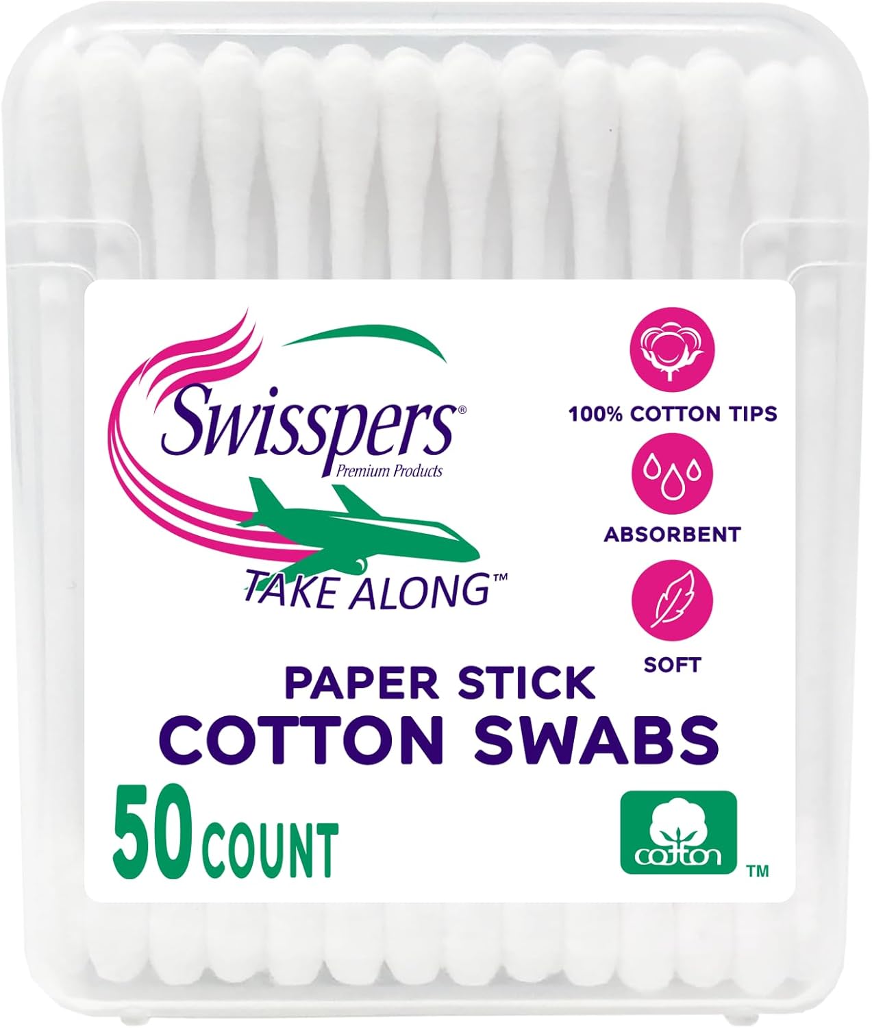 Swisspers Cotton Swabs - 100% Cotton Double-Tipped Travel Size | 6-Pack with 300 Swabs Total