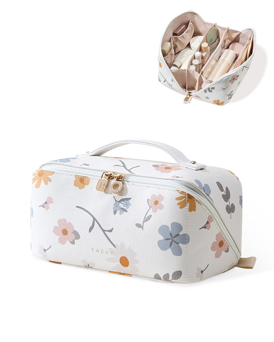 EACHY Travel Makeup Bag,Large Capacity Cosmetic Bags for Women,Waterproof Portable Pouch Open Flat Toiletry Bag Pattern Makeup Bag (D-White-Large)