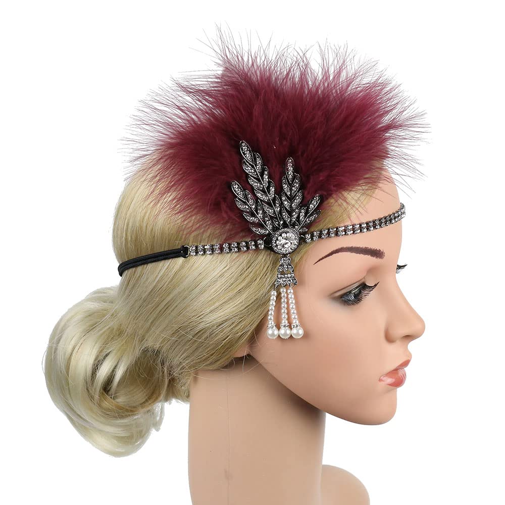 1920s Flapper Feather Headband Art Decor Gatsby Rhinestone Leaf Medallion Imitation Pearl Headpiece Hair Accessories Women (Wine Red)