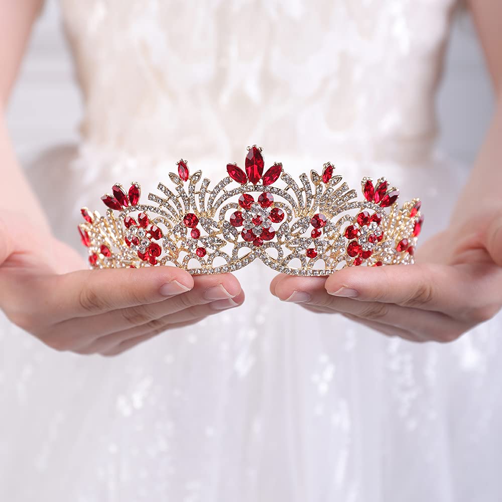 JWICOS Rhinestone Crystal Princess Bridal Wedding Tiara Crown for Women (Red)