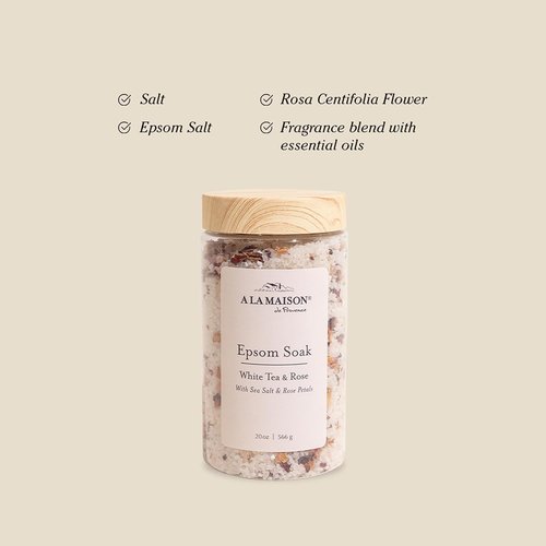 A LA MAISON Epsom Salt Bath Soak - White Tea & Rose - Muscle Relief with Magnesium - 20 oz