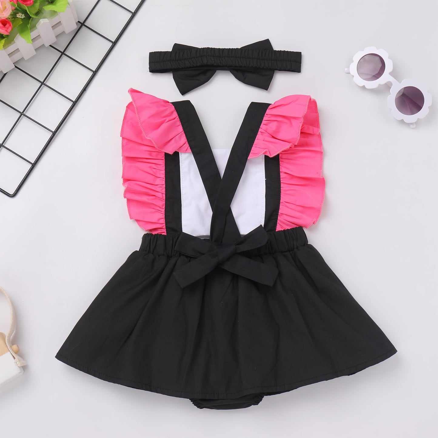 Infant Baby Girl Romper First Birthday Dress Cake Smash Outfits Toddler Halloween Cosplay Costume Easter Baptism Christening Onesie Wedding Christmas Outfits Black+Pink (2PCS) 0-6 Months