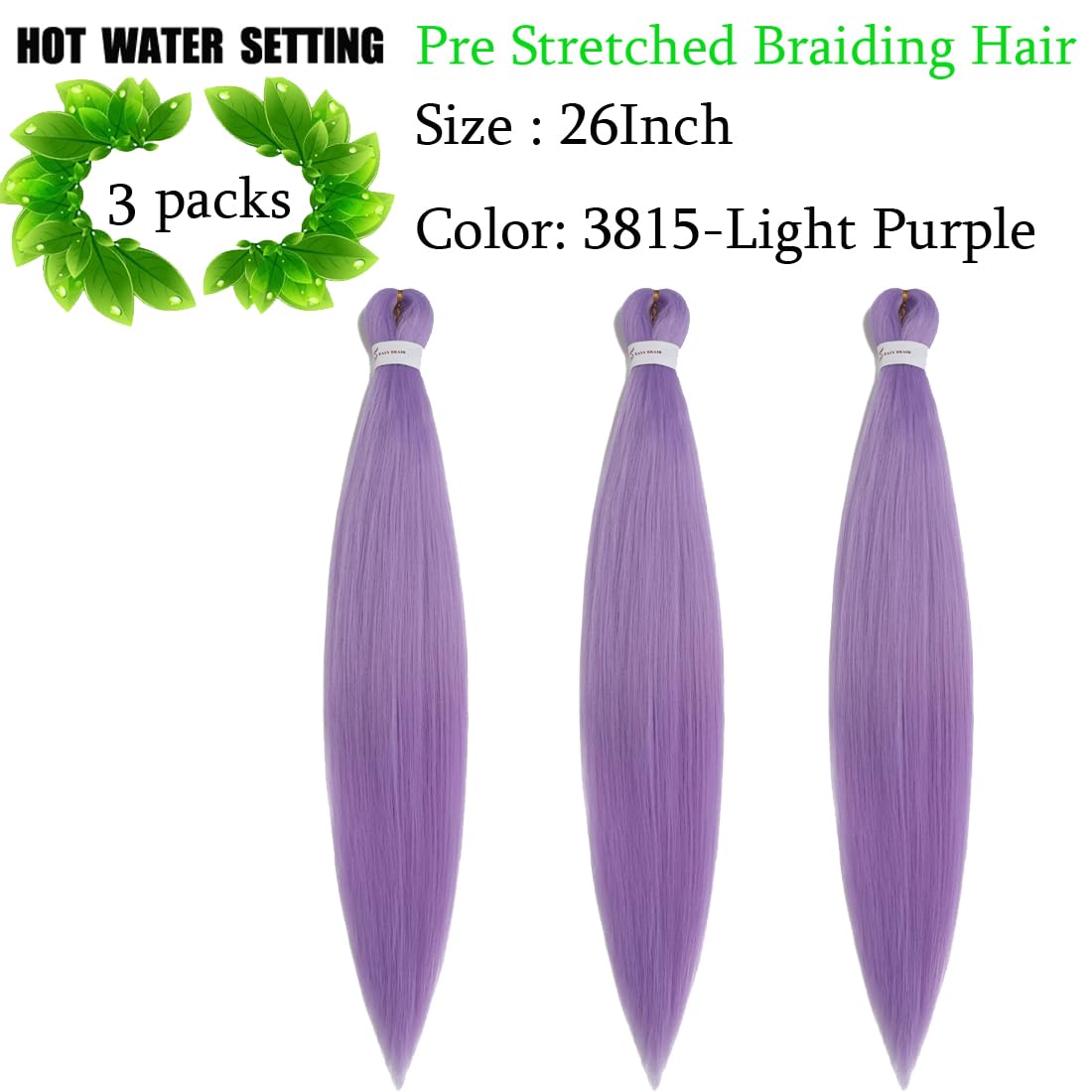 Pre Stretched Braiding Hair 26 Inch 3 Packs Light Purple Braiding Hair Synthetic Braids Hair Hot Water Setting Crochet Hair for Box Braids Yaki Texture Hair Extensions(26inch,Light Purple)