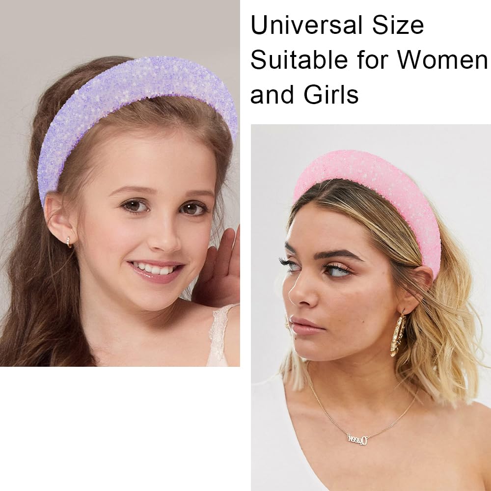 AHONEY 2 Pack Rhinestone Headband for Women Girls, Glitter Sequin Beaded Pearls Padded Headbands for Women Prom Wedding Sparkly Hair Bling Birthday Hair Accessories (Pink&WPurple)