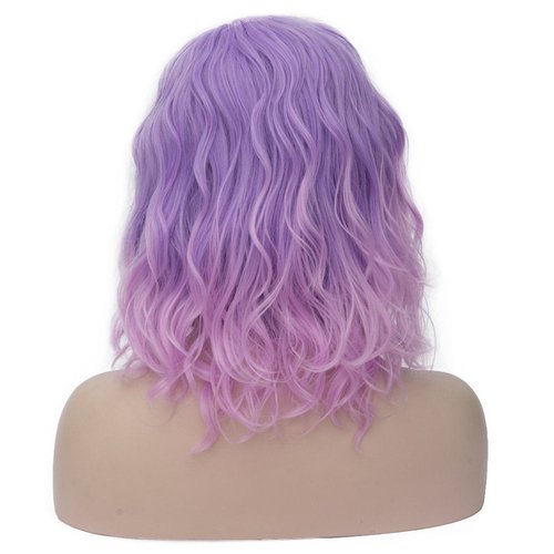 BERON 14" Women Girls Colored Short Curly Bob Wavy Purple Ombre Pink 35cm Wig Body Wave Daily Hair Wigs (Light Purple to Pink)