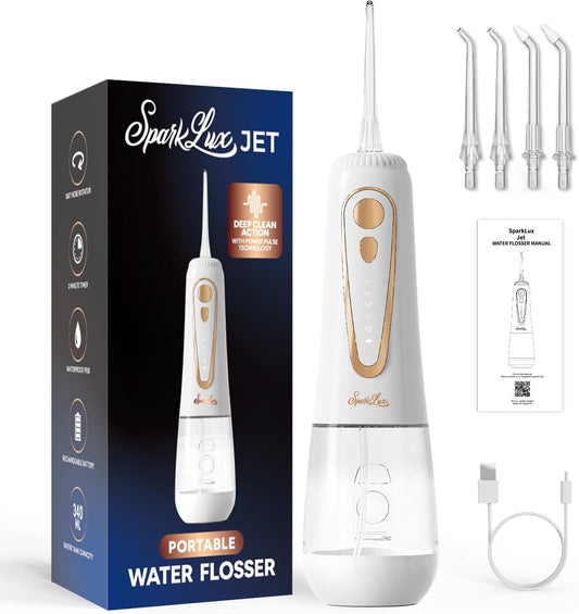 SparkLux Cordless Water Flosser - Portable Oral Irrigator with 5 Pressure Modes, 340ml Tank, USB-C Rechargeable, Waterproof | Ideal for Braces & Gum Care (White/Rose Gold)