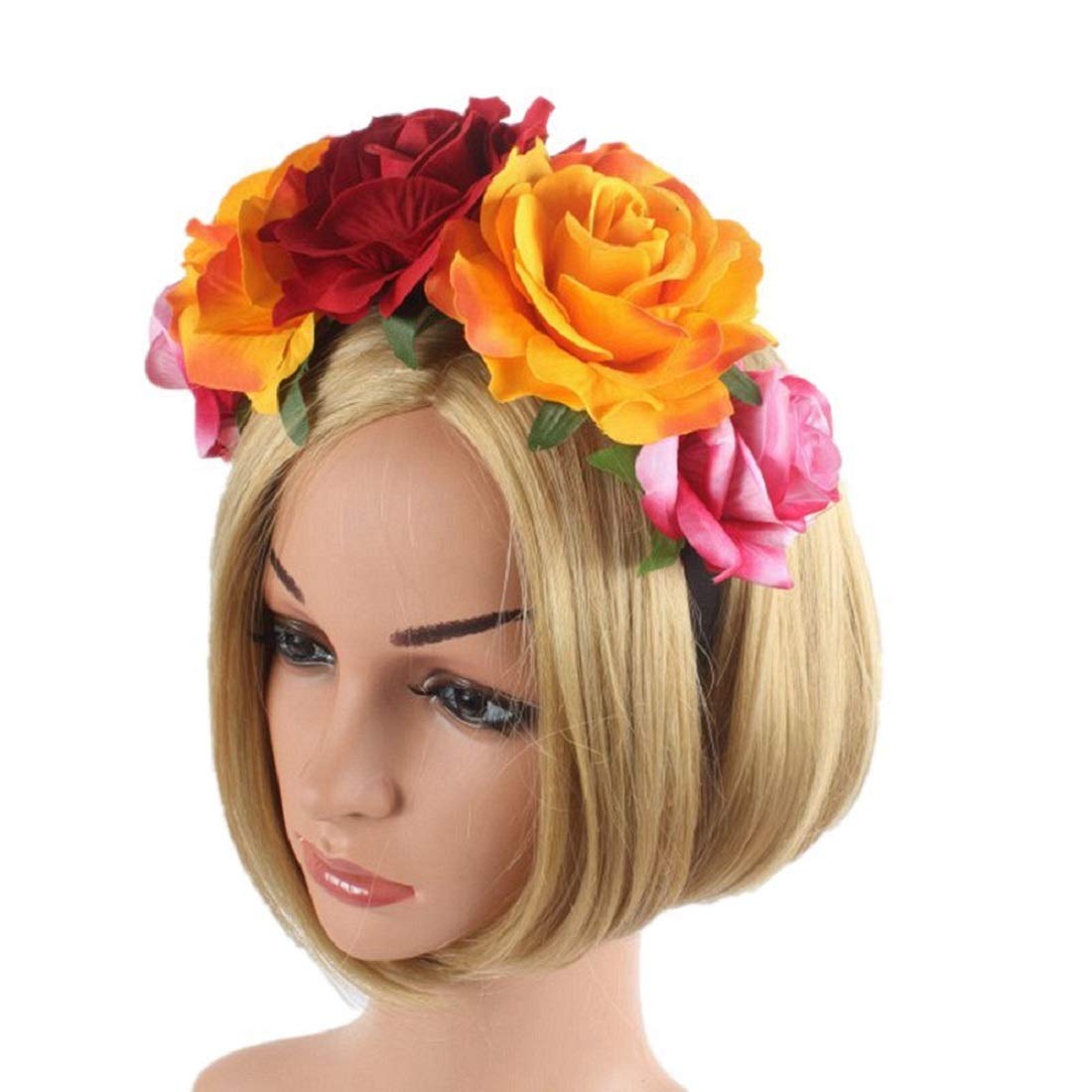 Vividsun Rose Flower Headband Floral Crown Day Of The Dead Headpiece (rose/red orange)