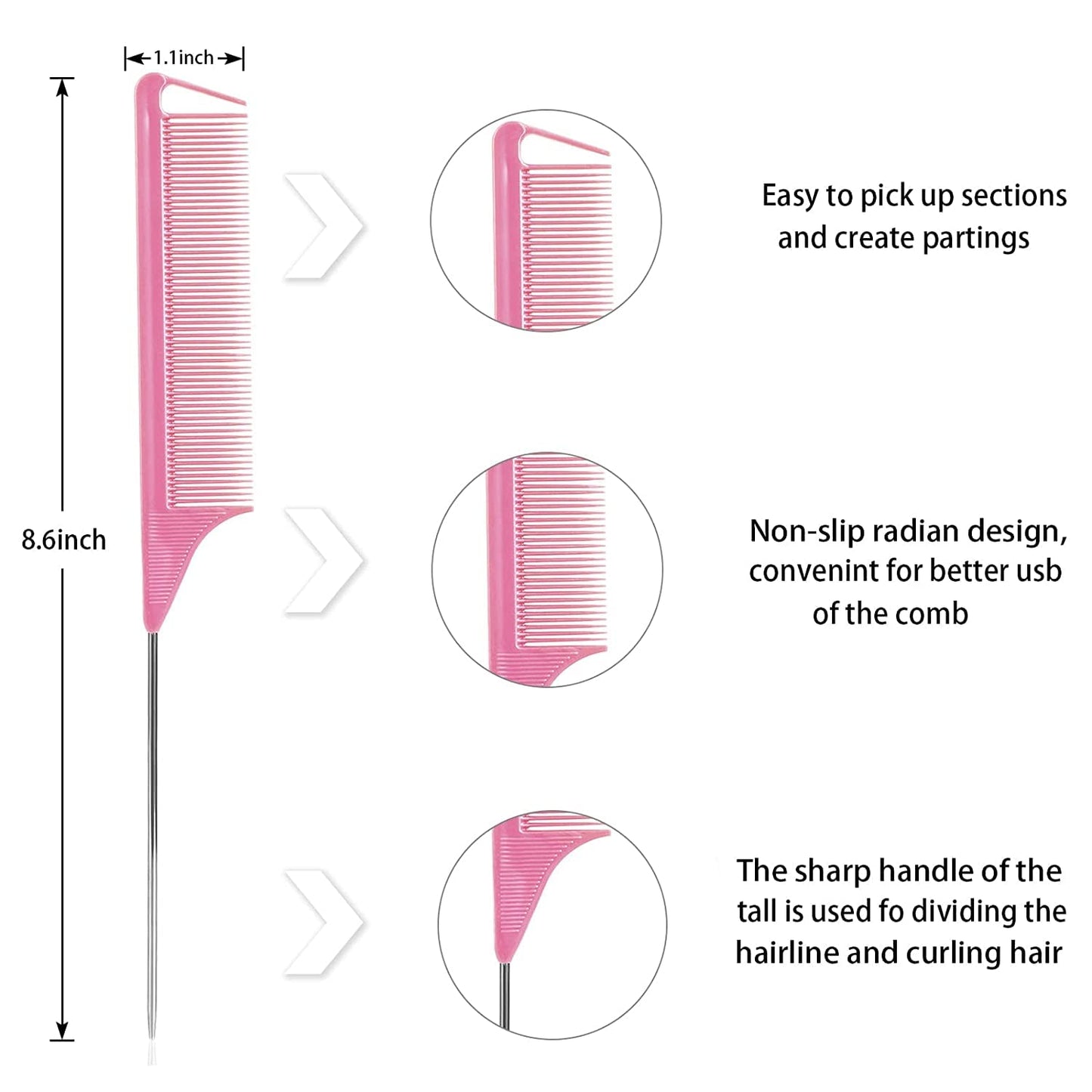 Rat Tail Combs Set: 3-Pack Teasing Styling Combs with Long Steel Pins for Women, Parting Combs for All Hair Types (Black)