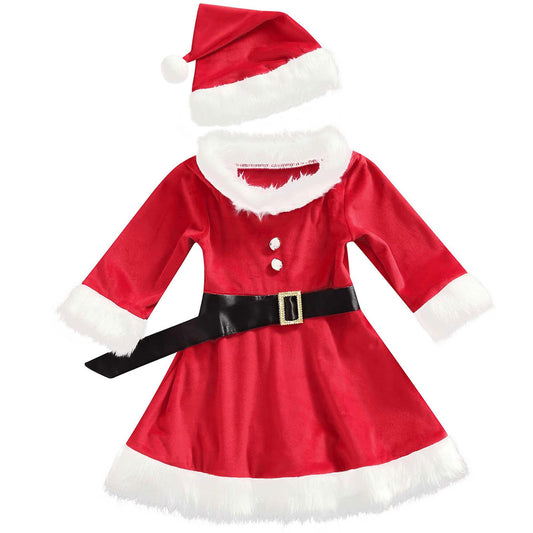 Baby Girls Christmas Dress Velvet Santa Claus Romper Dress Long Sleeve Plush Xmas Princess Party Cosplay Costume Dress (H-Red, 3-4 Years)