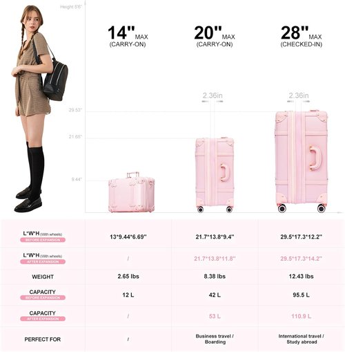 NZBZ Vintage Luggage Set - Cute Retro Expandable Suitcases for Women | Blush Pink (14" & 20")