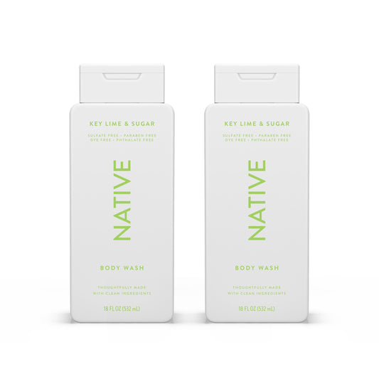 Native Body Wash Contains Naturally Derived Ingredients | For Women & Men, Sulfate, Paraben, & Dye Free Leaving Skin Soft and Hydrating | Key Lime & Sugar 18 oz - 2 Pk