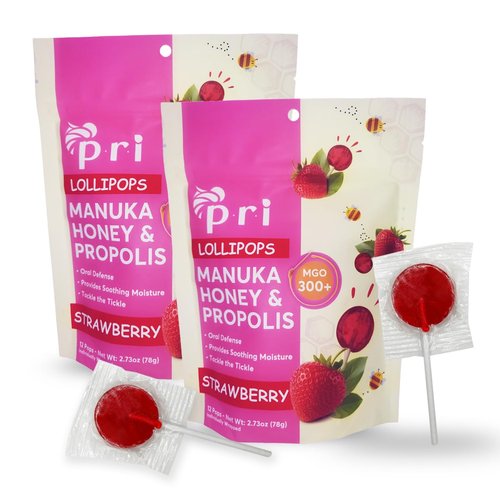 P.R.I Strawberry Manuka Honey Lollipops - Throat Soothing with Propolis & Menthol | 24 Individually Wrapped Pops