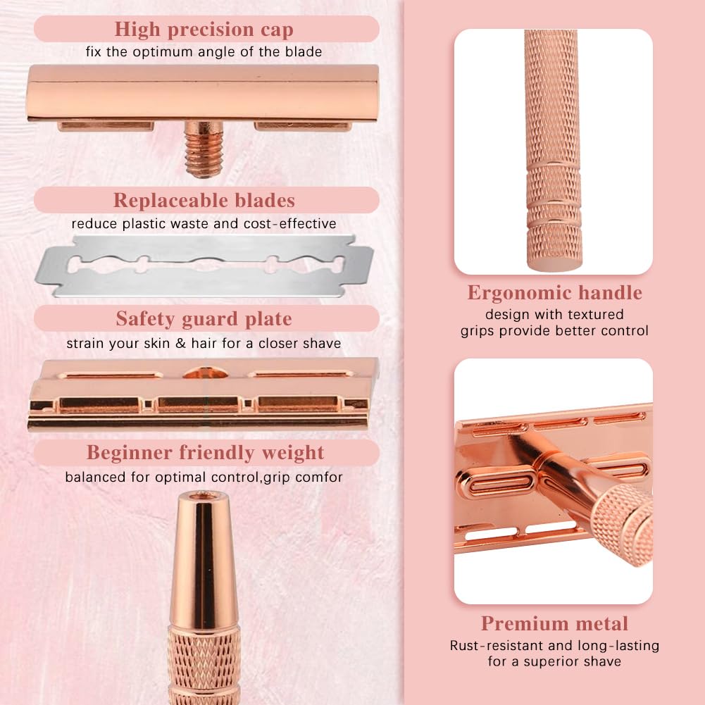 Safety Razor for Women, Double Edge Safety Razor Blades, Reusable Smooth Shave, Painless Hair Removal, Metal Shave Women for Leg Arm Underarm Bikini (Black with Stand)