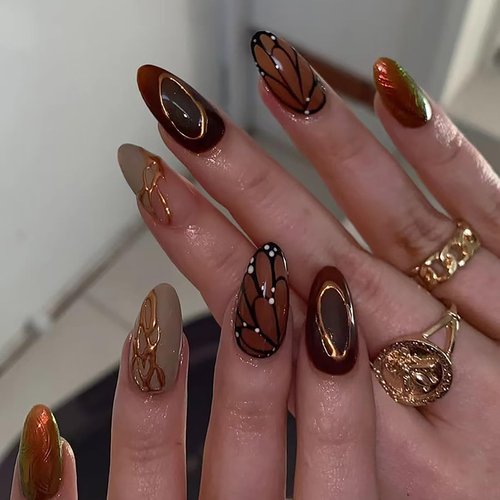 24Pcs Brown Almond Press on Nails Medium Fake Nails with Glue Reusable False Nails with Butterfly Wings Golden Line Design Artificial Acrylic Nails Press ons Full Cover Holiday Stick on Nail for Women