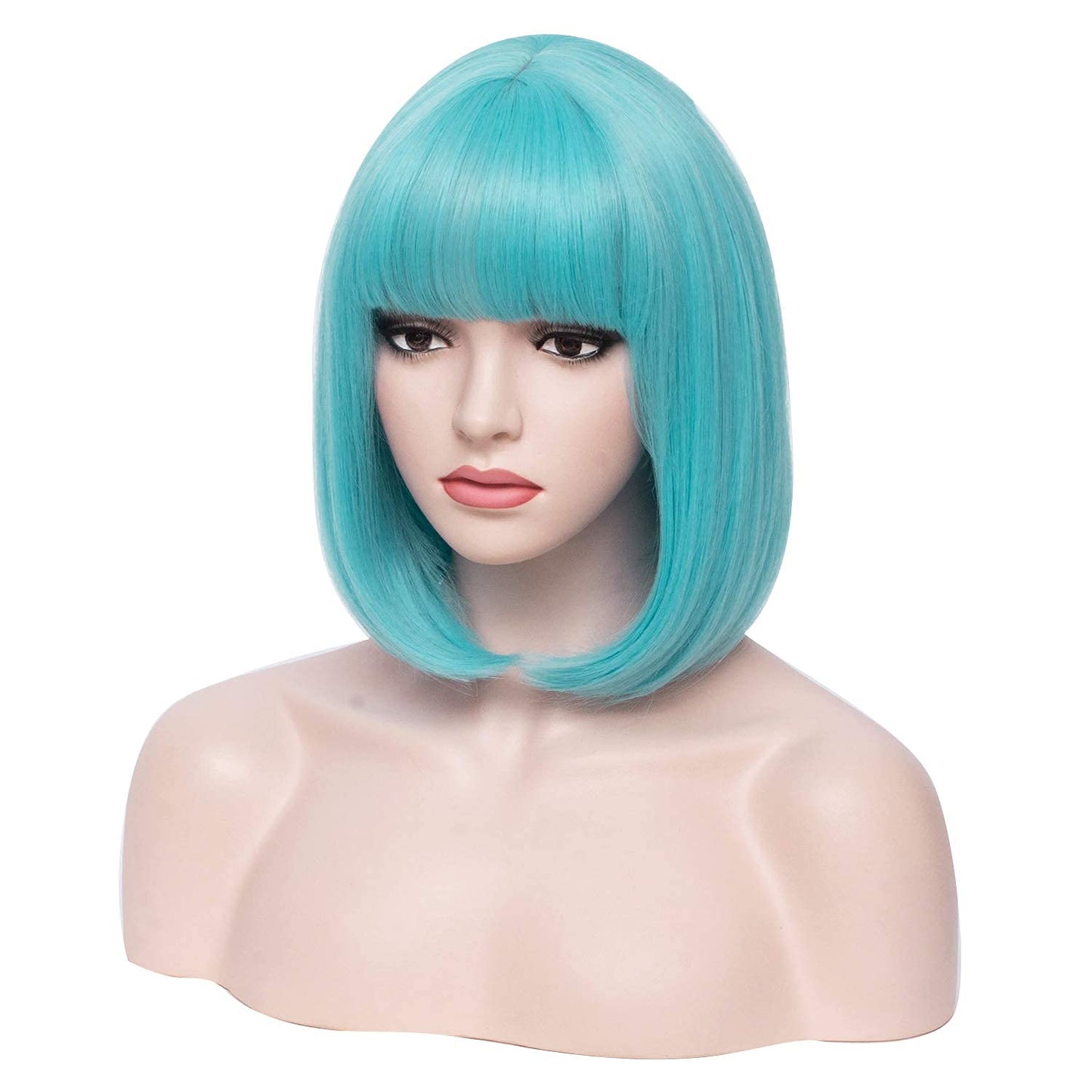 BERON 12 Inches Blue Bob Wig Short Straight Light Blue Wig with Bangs Teal Blue Wig for Women Halloween Cosplay or Daily Use Wigs (Light Blue)