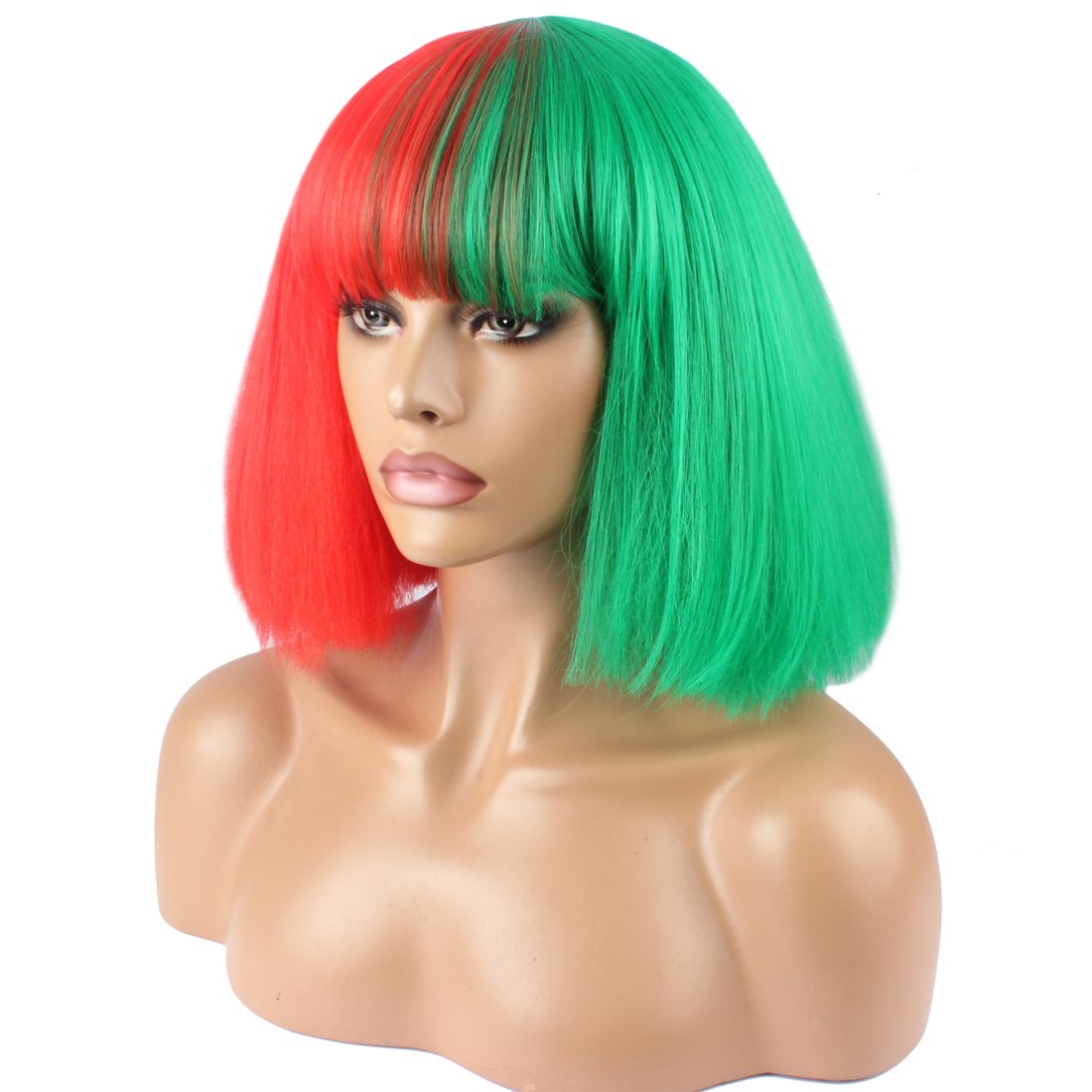 WeKen Fashion Wig Women's Short Bob Kinky Straight Full Bangs Synthetic Hairpieces Red and Green