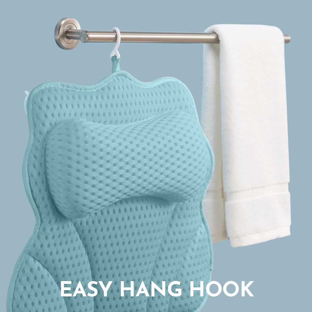 WONDERfoam Thick Padded Ergonomic Bath Pillow for Tub, Bathtub Headrest Neck and Back Support, Strong Suction Cups, Machine Washable Breathable Mesh Quick Dry Pillows, Luxury Spa Accessories, Blue