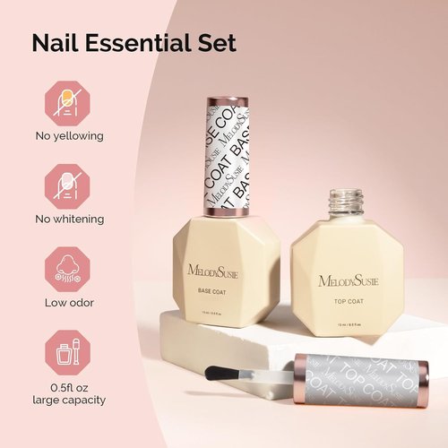 MelodySusie Nail Polish Set - No Wipe Top & Base Coat for Long Lasting Shine | 2 Pcs 15ml Clear