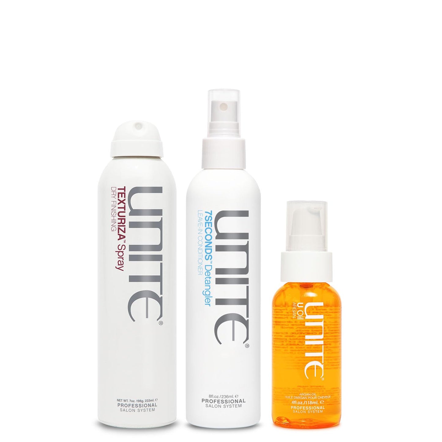 UNITE Hair – 7SECONDS Detangler & TEXTURIZA Spray | Adds Volume, Texture & Shine – 8 Fl Oz, 7 Fl Oz & 4 Fl Oz