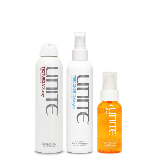 UNITE Hair – 7SECONDS Detangler & TEXTURIZA Spray | Adds Volume, Texture & Shine – 8 Fl Oz, 7 Fl Oz & 4 Fl Oz